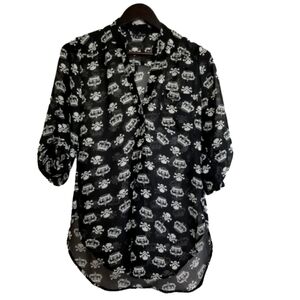 J for Justify Black Sheer Button-Up Top with White Skull Print